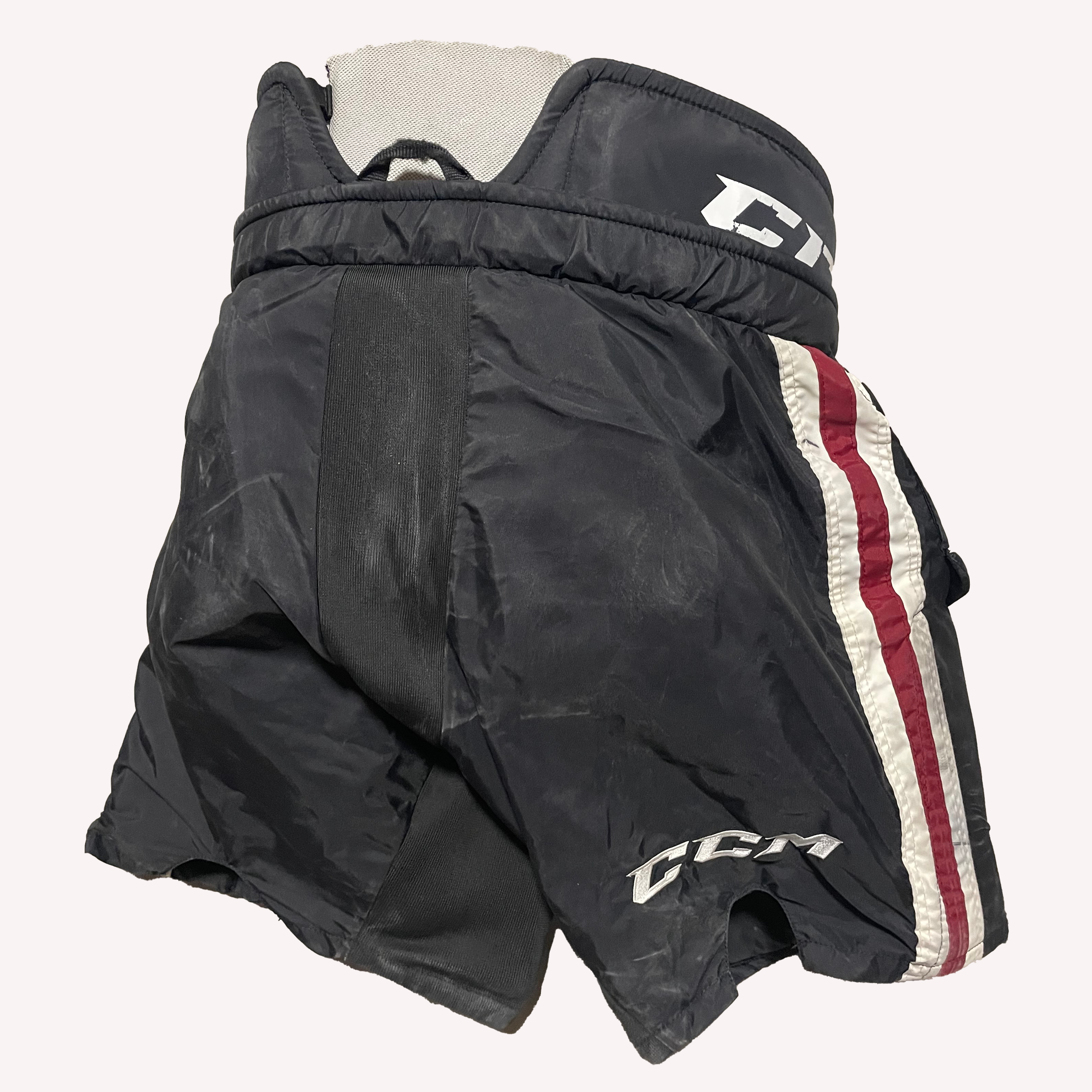 CCM HPG12A - Pantalon de gardien de but de hockey Pro Stock d'occasion de la Ligue de hockey de l'Ontario (noir/bordeaux)